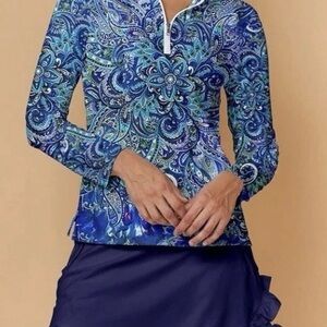 Elegant Blue Paisley Long Sleeve Top Mock w zipper Golf, Tennis